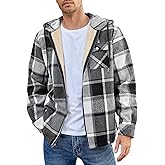 COOFANDY Men's Flannel Fleece Jacket Sherpa Lined Shirt Jacket Plaid Zip Up Hoodie Soft Warm Coat with Hood