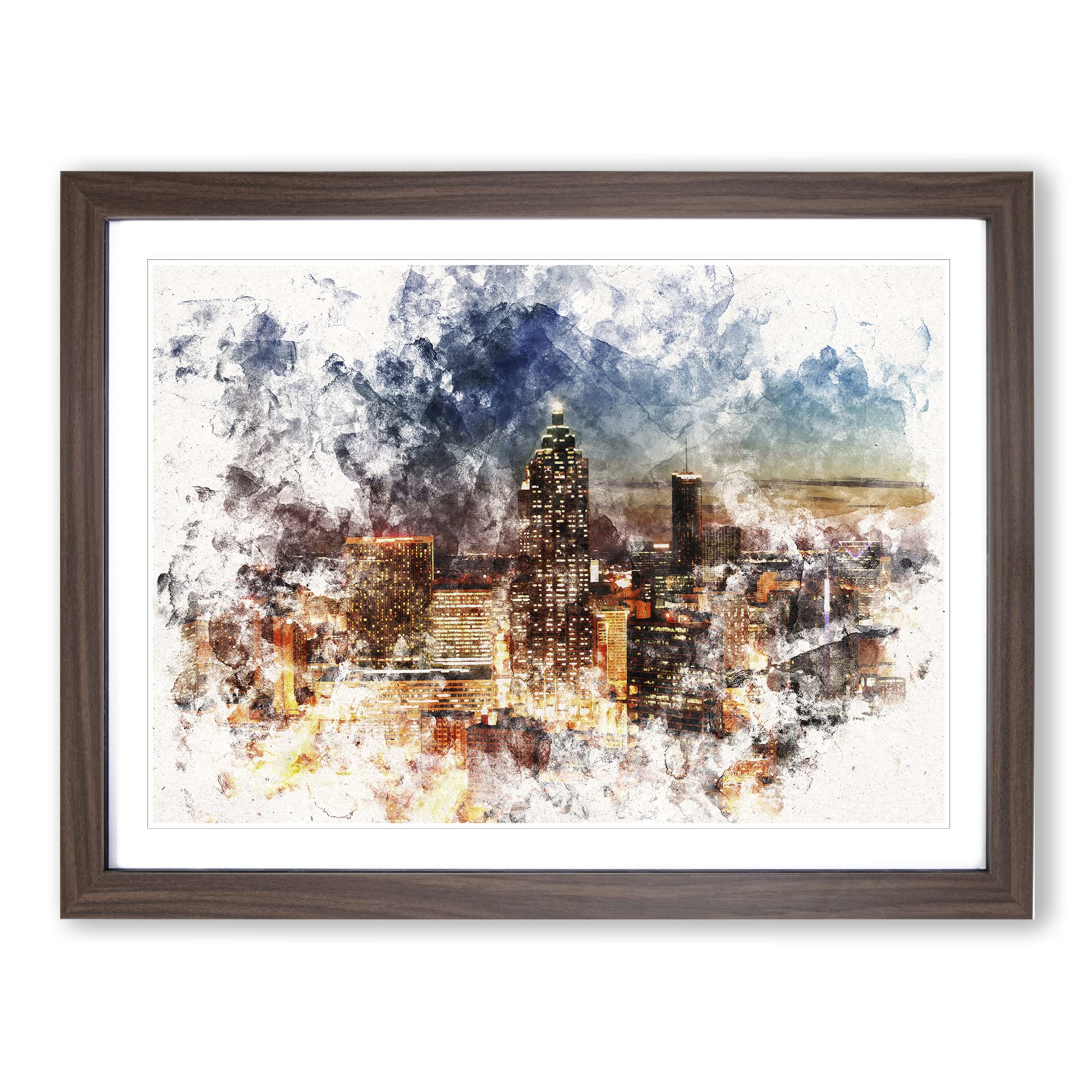 Atlanta Georgia Skyline Watercolour Modern Framed Wall Art Print, Ready to Hang Picture for Living Room Bedroom Home Office Décor, Walnut A3 (46 x 34 cm)
