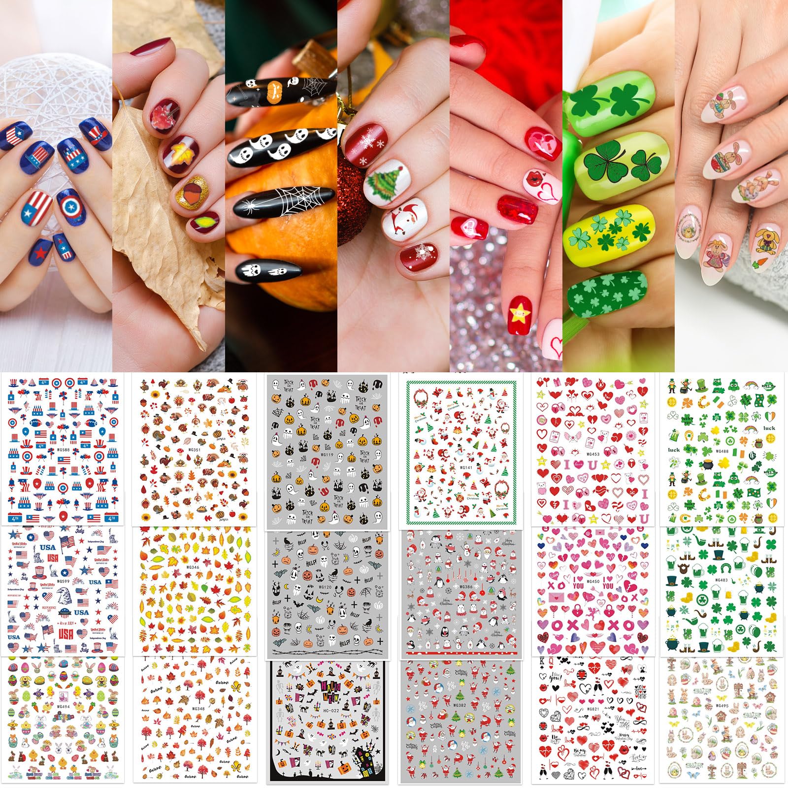 Whaline 18 Sheets All Holiday Nail Art Stickers Valentine's Day Nail Decals All Season Fall Christmas Winter Valentine 4th of July Self-Adhesive Nail Decals for Xmas DIY Manicure Party Decor