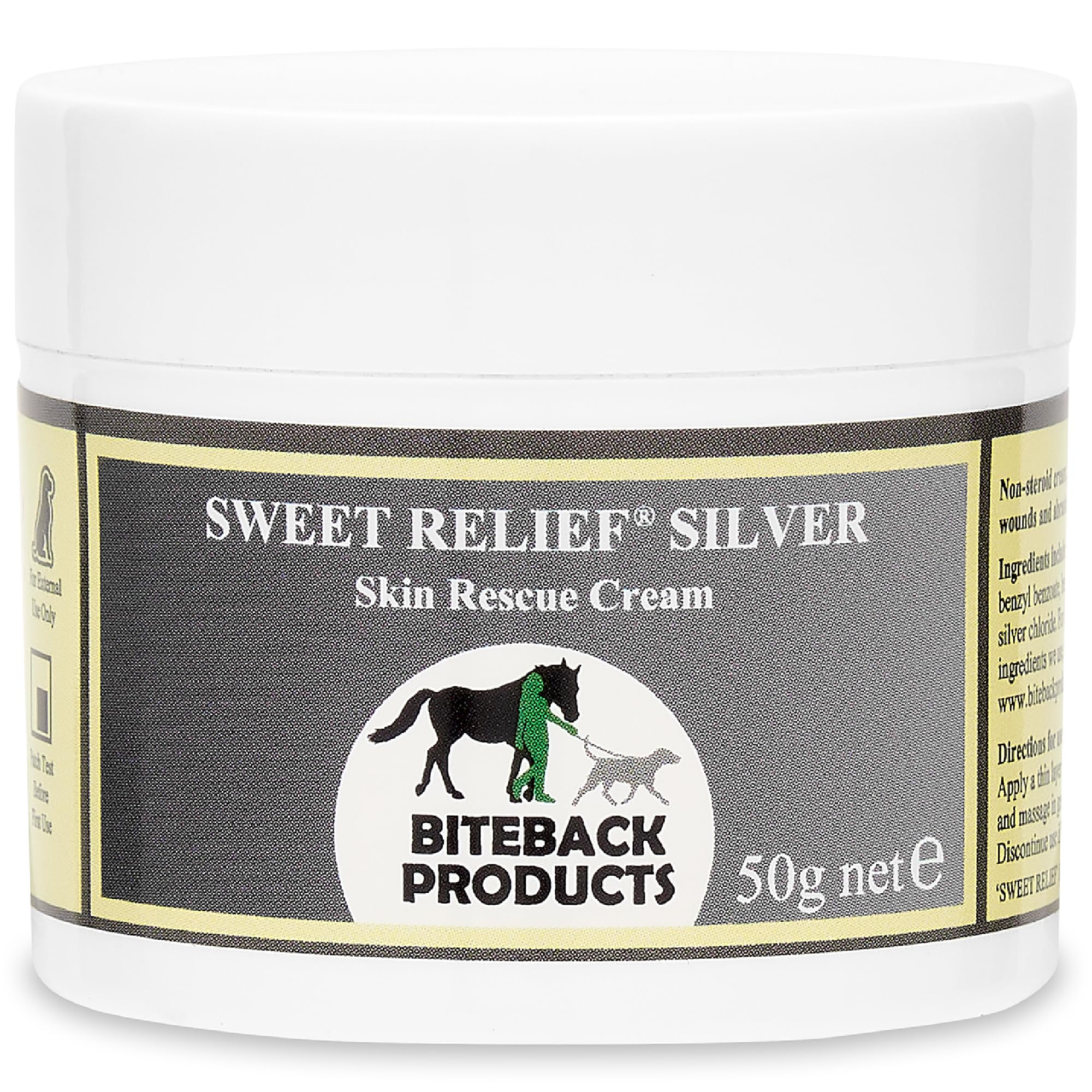 Biteback 'Sweet Relief Silver' Cream - Essential Silver Cream for Horses & Dogs, Antiseptic for Minor Abrasions & Rubs, Ideal First Aid, Silver-Infused for Skin Care & Revival - 50g