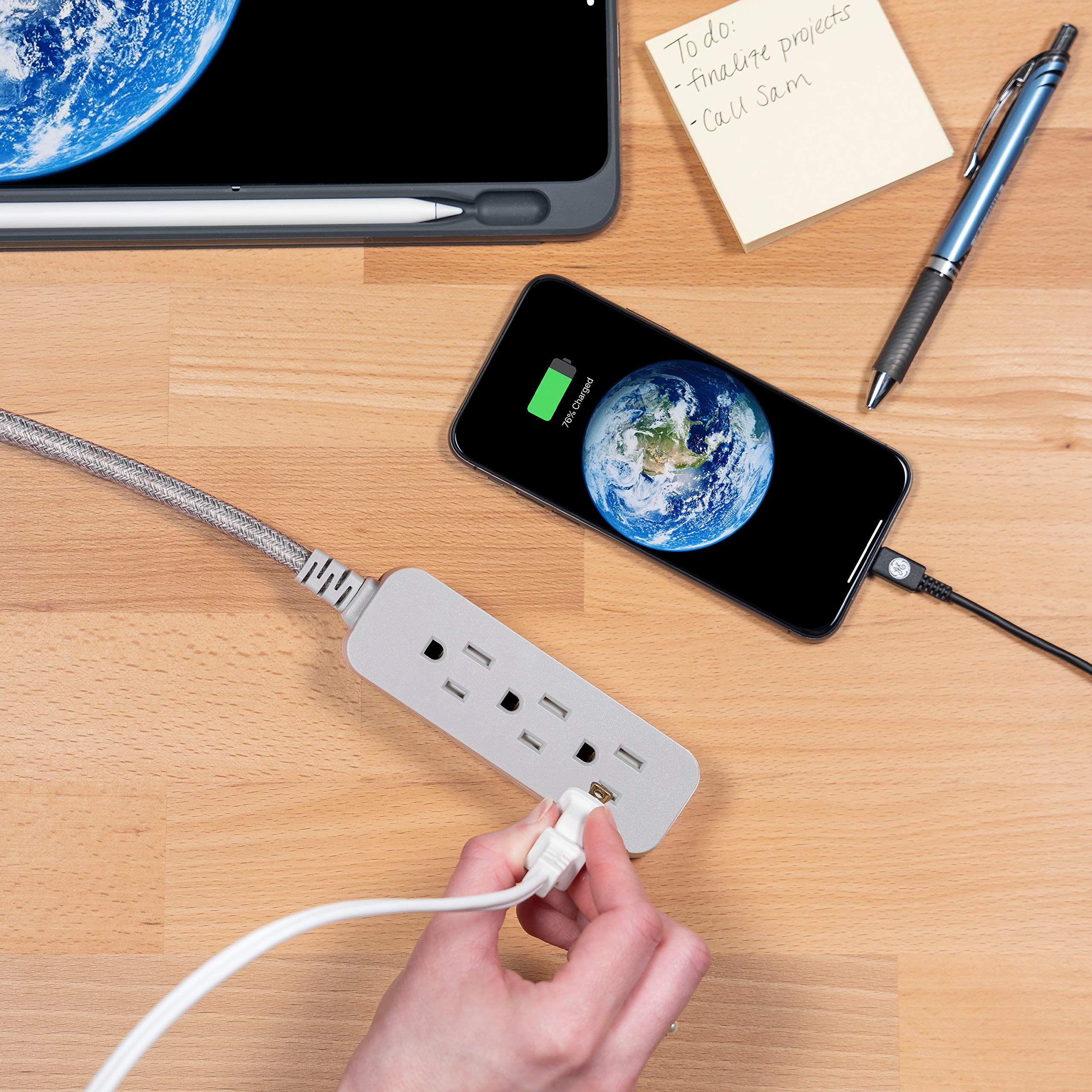 GE 3-Outlet Power Strip Surge Protector 8 Ft Braided Long Cord Extension Cord Surge Protector Power Strip Flat Plug Extension Cord 245 Joules ETL Listed Gray 45916