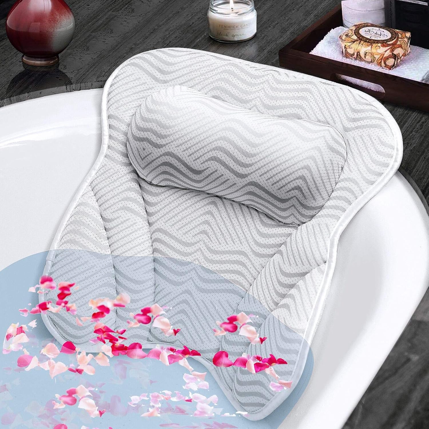 Susisal Bath Pillow for Tub, Bathtub Pillow with Neck Shoulder Back Support, 4D Air Mesh Bath Accessories, 6 Strong Suction Cups- Fits All Bathtub, Hot Tub, Jacuzzi Home Spa for Men Women : Beauty