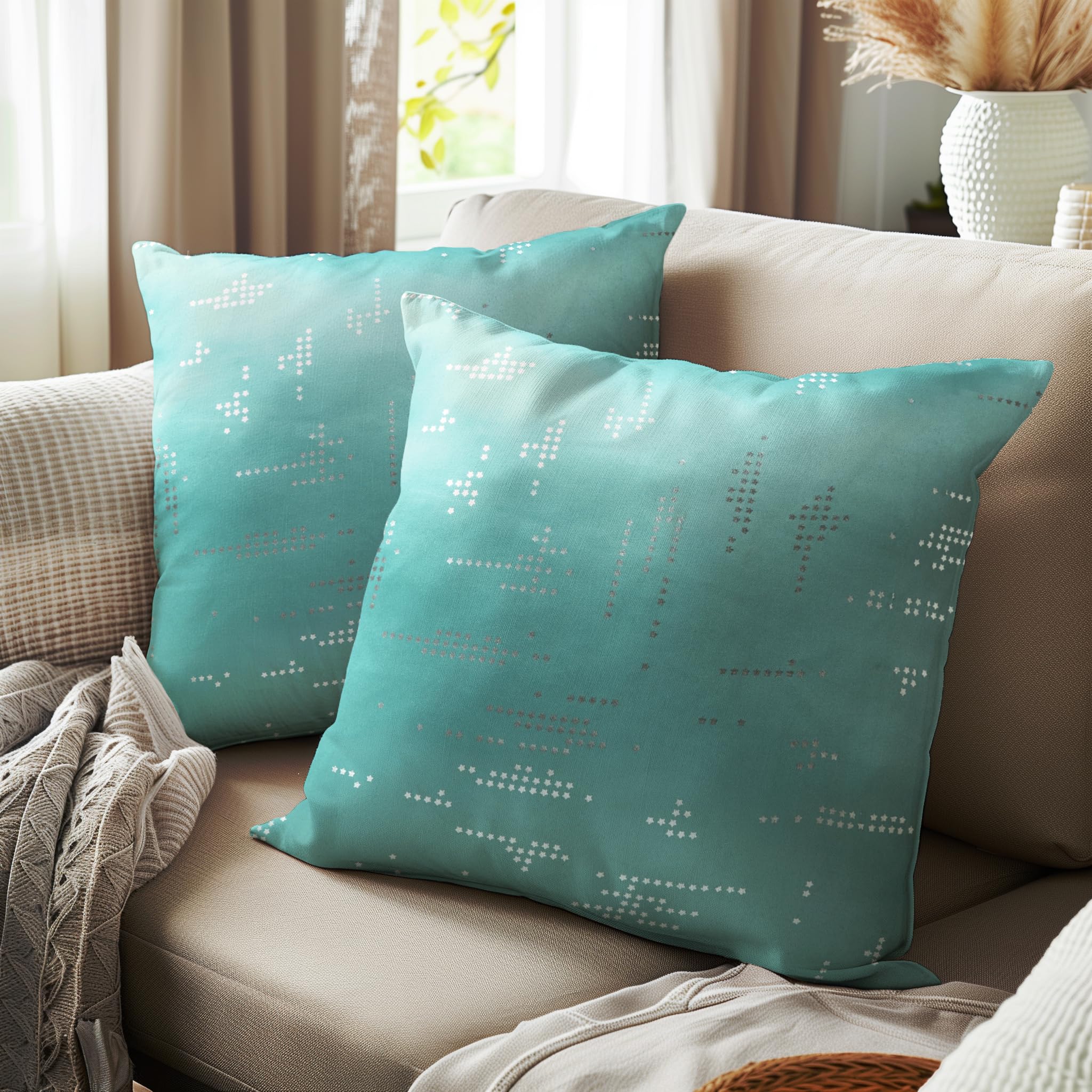 Encasa XO Cushion Covers (40x40 cm, 2pc set) I Citylight Teal I Silver Foil Print on Heavy Soft Satin I Machine Washable I Many sizes & colors — image 1