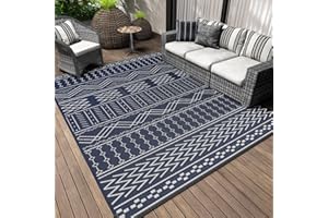 COCOER Outdoor Rug Carpet Waterproof 8x10 ft Patio Rug Mat Indoor Outdoor Area Rug for RV Camping Picnic Reversible Lightweight Plastic Straw Outside Rug for Patio Decor Decoration Boho Rug Navy Blue White
