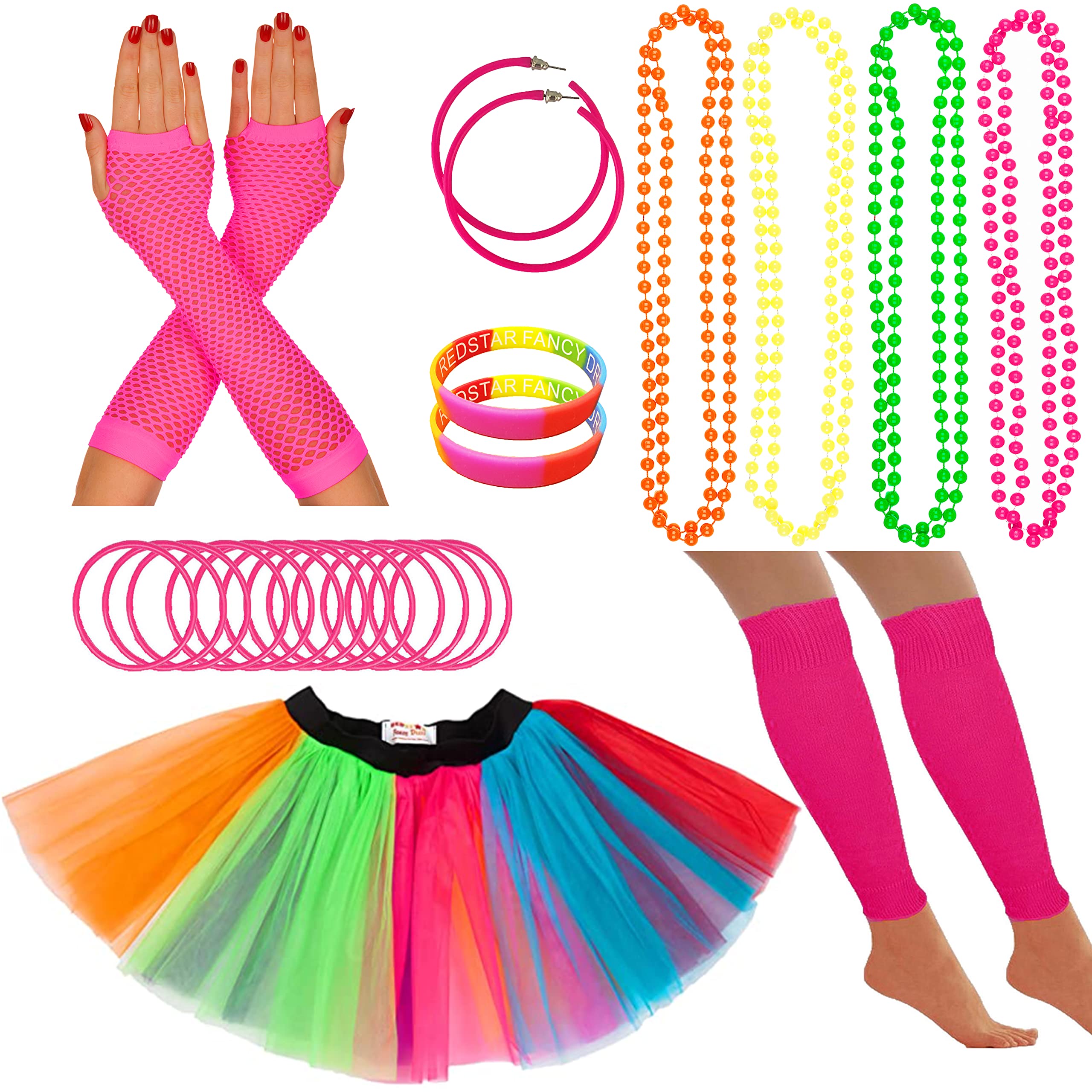 80s Fancy Dress Neon Accessories Tutu Party Costume, Adult Leg Warmers, Fishnet Gloves, 1980s Style Necklace Beads, Neon Hoop Earrings, Gummy Bracelets Womens Hen Party Rave Outfit (Rainbow)