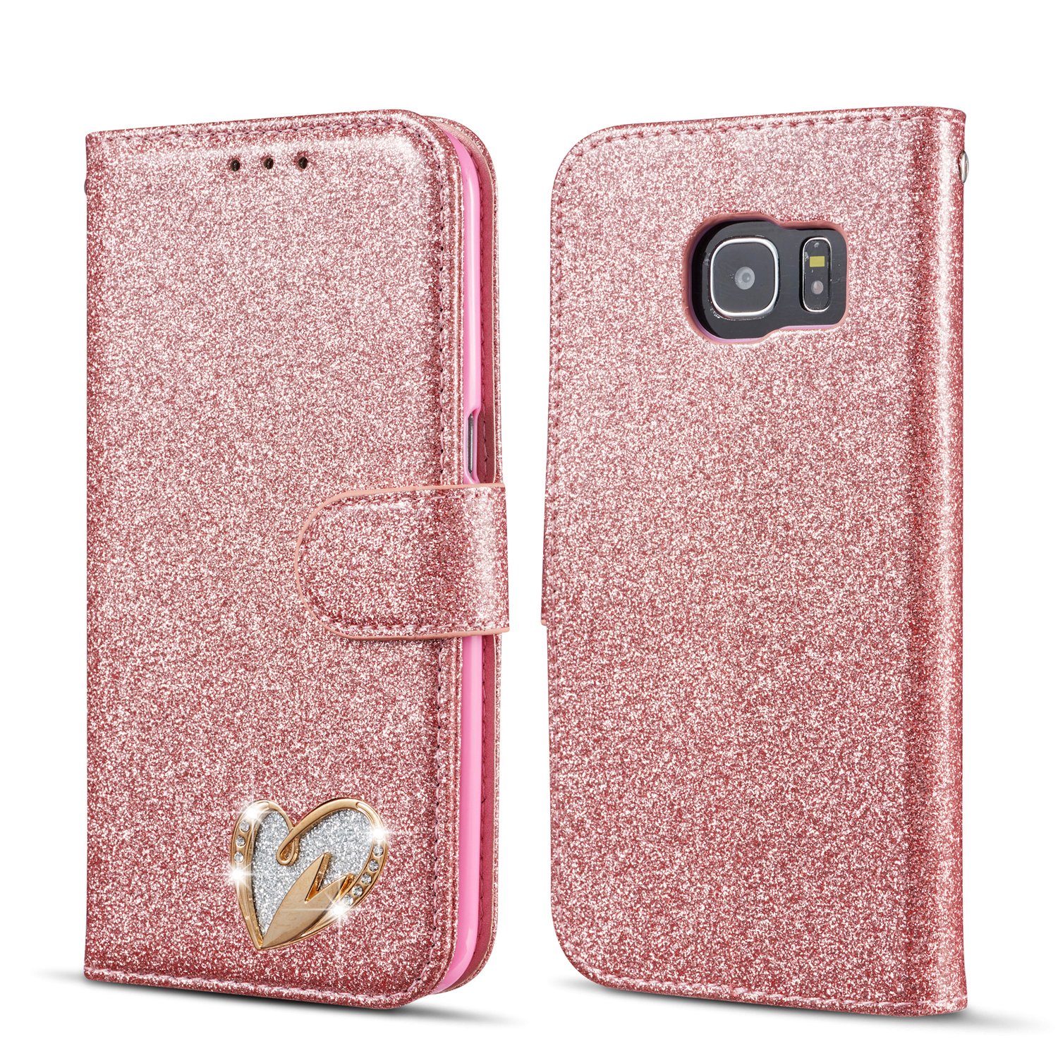 QLTYPRI Glitter Case for Samsung Galaxy S10, Premium PU Leather TPU Bumper Card Holder Kickstand Wrist Strap Inlaid Loving Heart Diamond Design Flip Wallet Case for Galaxy S10 - Rose Gold