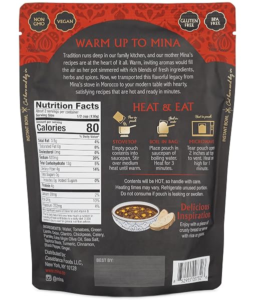 MINA HARIRA, MOROCCAN CHICKPEA & LENTIL SOUP, READY TO EAT MEALS,10 OZ GLUTEN FREE, HIGH IN PLANT BASED PROTEIN, MICROWAVABLE SOUP, VEGAN, NON-GMO, KOSHER, PACKAGED MEALS & SIDE DISHES