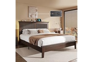 Lifezone Wood Queen Bed, Solid Wood Bed With Tall Headboard, American Vintage Design, Queen Bed With Charging Station & RGB LED, Wood Slats Support, Noise-Free, Sturdy Structure, Easy Assembly, Walnut