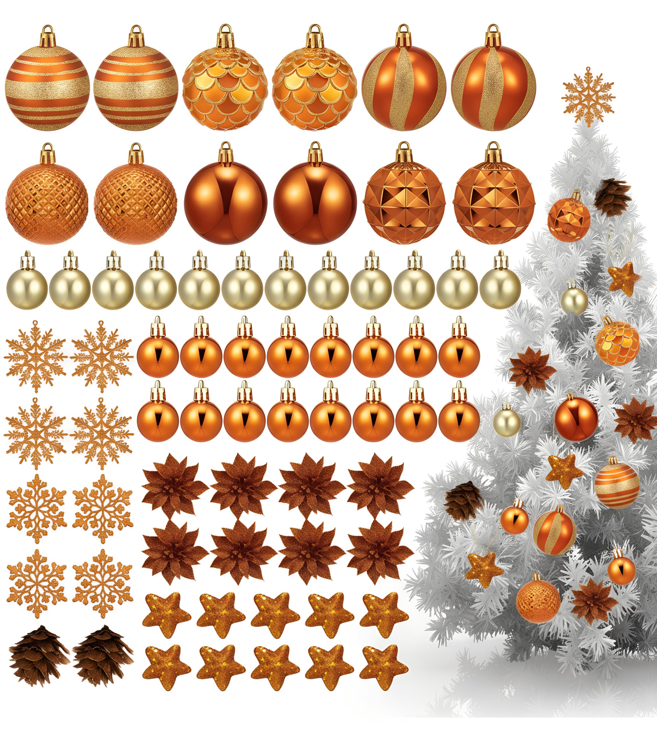 Sinmoe 70 Pcs Christmas Tree Decorations Copper and Gold Christmas Baubles Ball Ornaments Set Shatterproof Pack Glitter Snowflake Poinsettia Flowers Star 3 to 10 cm for Holiday Outdoor Home Party