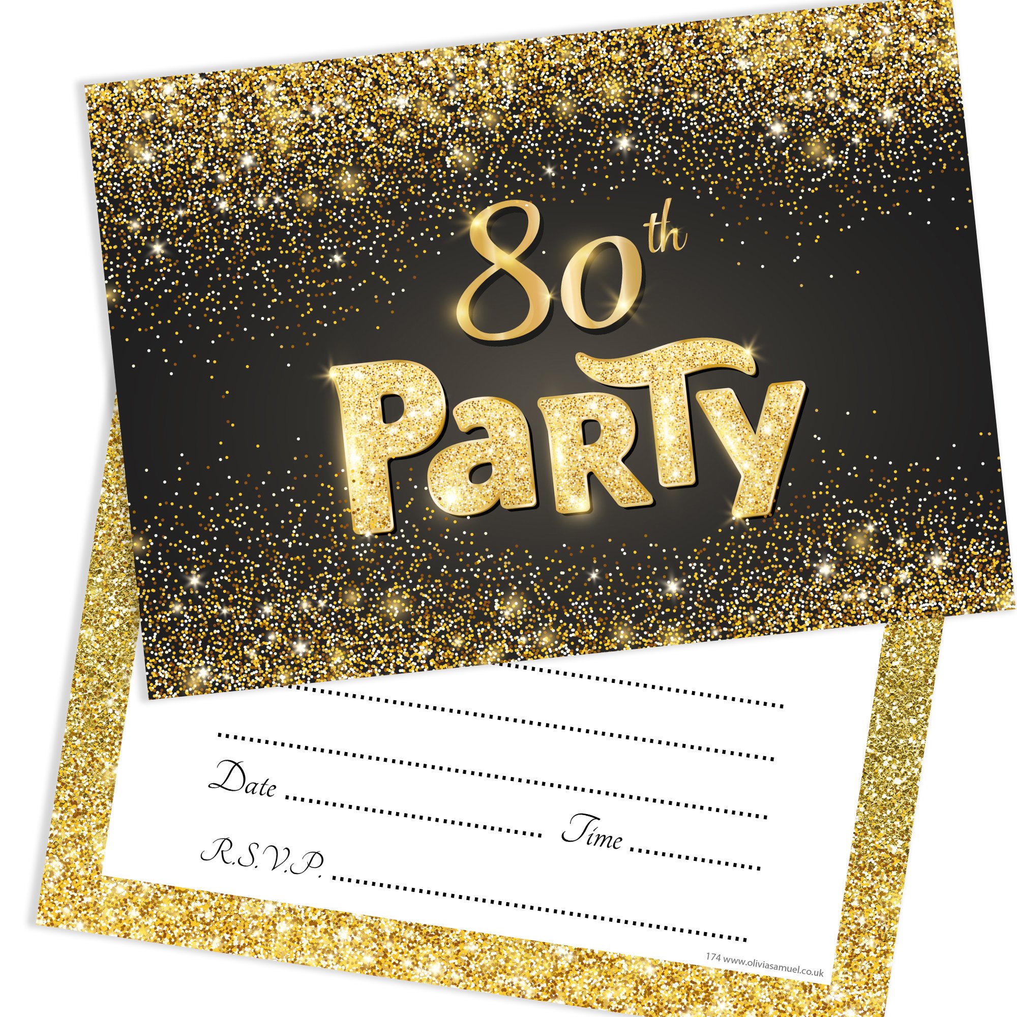 Olivia Samuel 20 x Black and Gold Effect 80th Birthday Party Invitations from Ready to Write with Envelopes