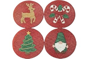 Folkulture Christmas Coasters Set of 4 | Farmhouse Decor Coaster Set, 4" Boho Coasters for Table Décor | Xmas & Holiday Table Accessories | Party Decorations