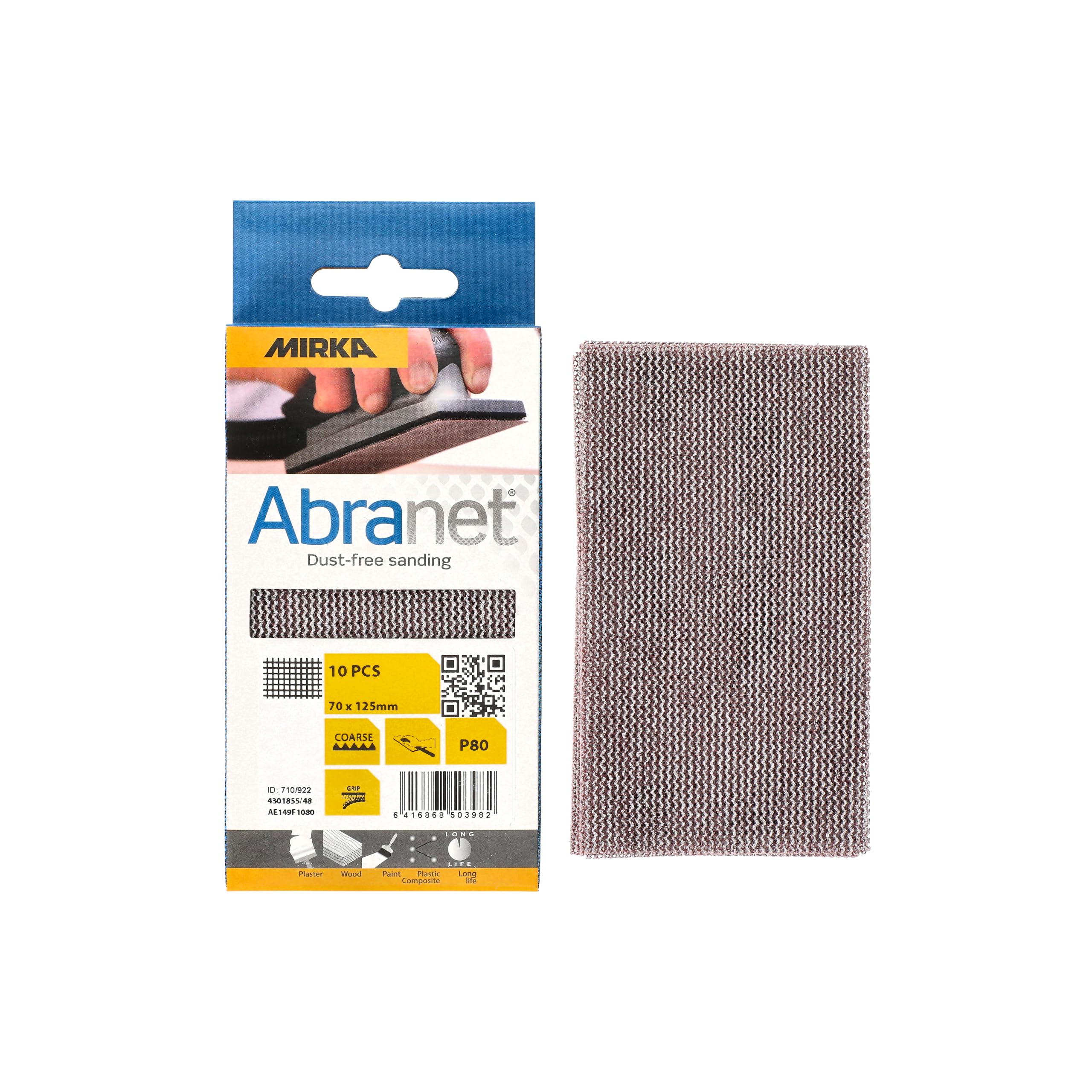 Mirka Abranet net sandpaper strips 70 x 125 mm Hook & loop/Grit P80 / 10 pcs/for sanding wood, walls, metal, aluminium, stainless steel, filler, varnish, plastic / AE149F1080