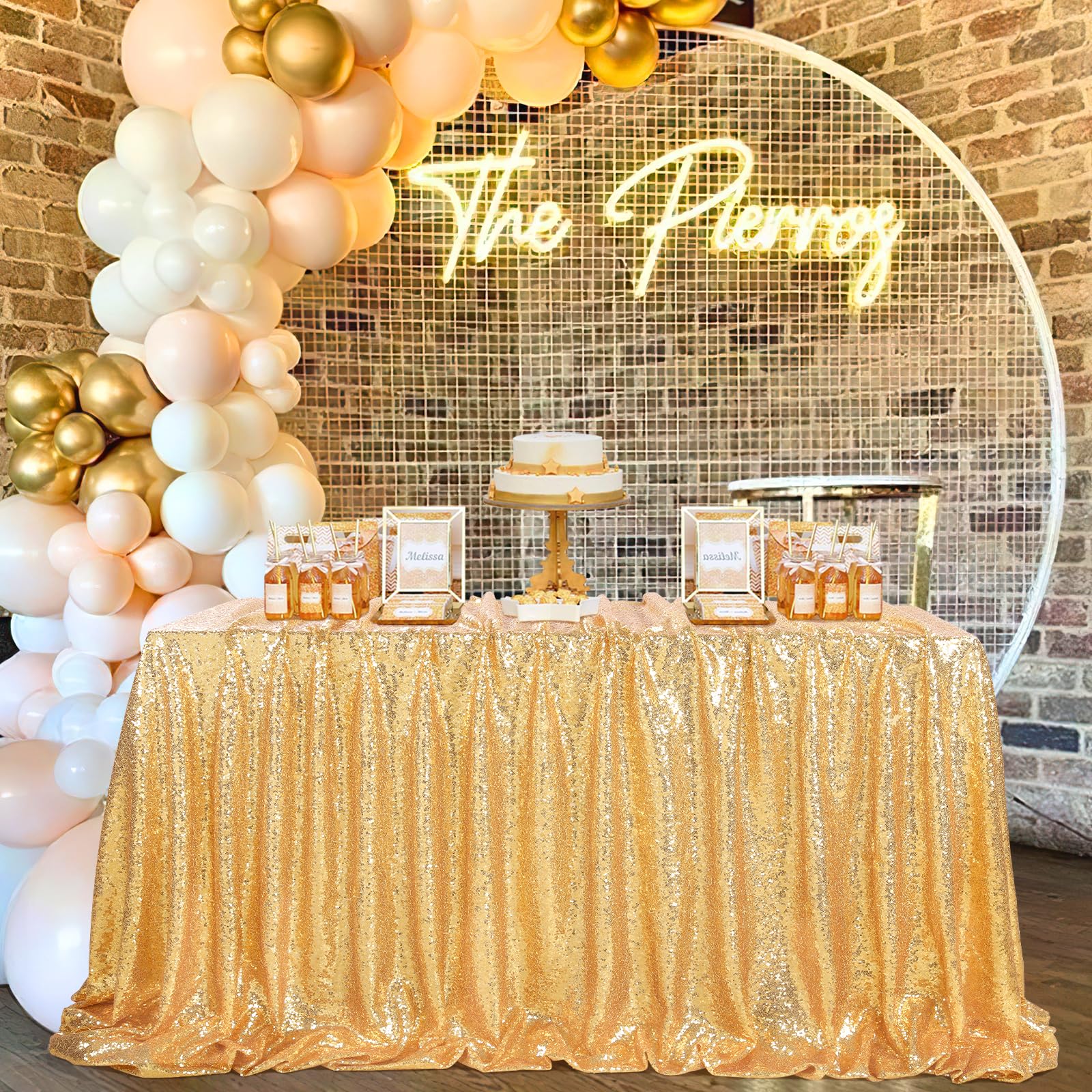 SoarDream Gold Sequin Table Cloth 90x156 Inch Rectangle Glitter Tablecloth Party Table Cover for Party Banquet Birthday Wedding Decoration Image