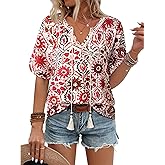 Vivilli Womens Summer Boho Tops Casual V Neck Short Sleeve Blouses Floral Print Shirt Tie Front Flowy Vacation Clothes