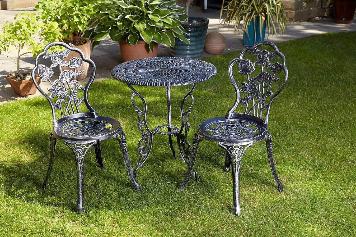 Home Source Rose Garden Patio Outdoor Bistro Set Table and 2 Chairs Metal Garden Furniture, Grey, 3 Piece Set
