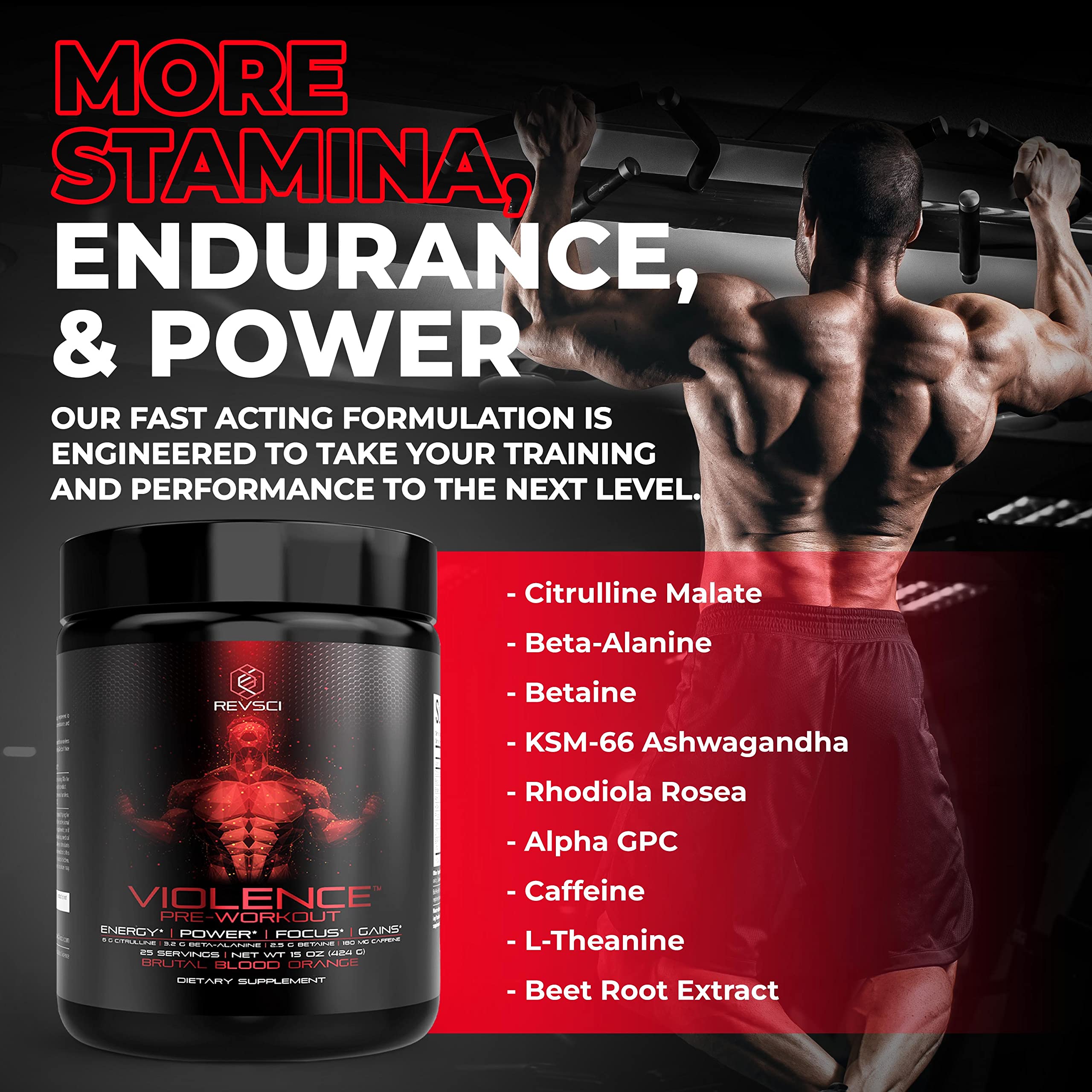 Violence Pre Workout Powder for Men & Women, Clinically Dosed Preworkout, 180 mg Caffeine + L-Theanine, L Citrulline Malate, Beta Alanine, Alpha GPC - 25 Servings, Blood Orange - Energy, Focus & Pump