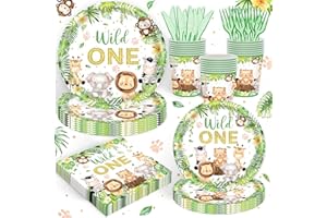 REJOICE BUNNY 120PCS Wild One Party Supplies for Boys 1st Kids First Birthday Party Jungle Animal Safari Decorations Woodland themed Tableware Set Plates Napkins Cups Set for 20 Guests