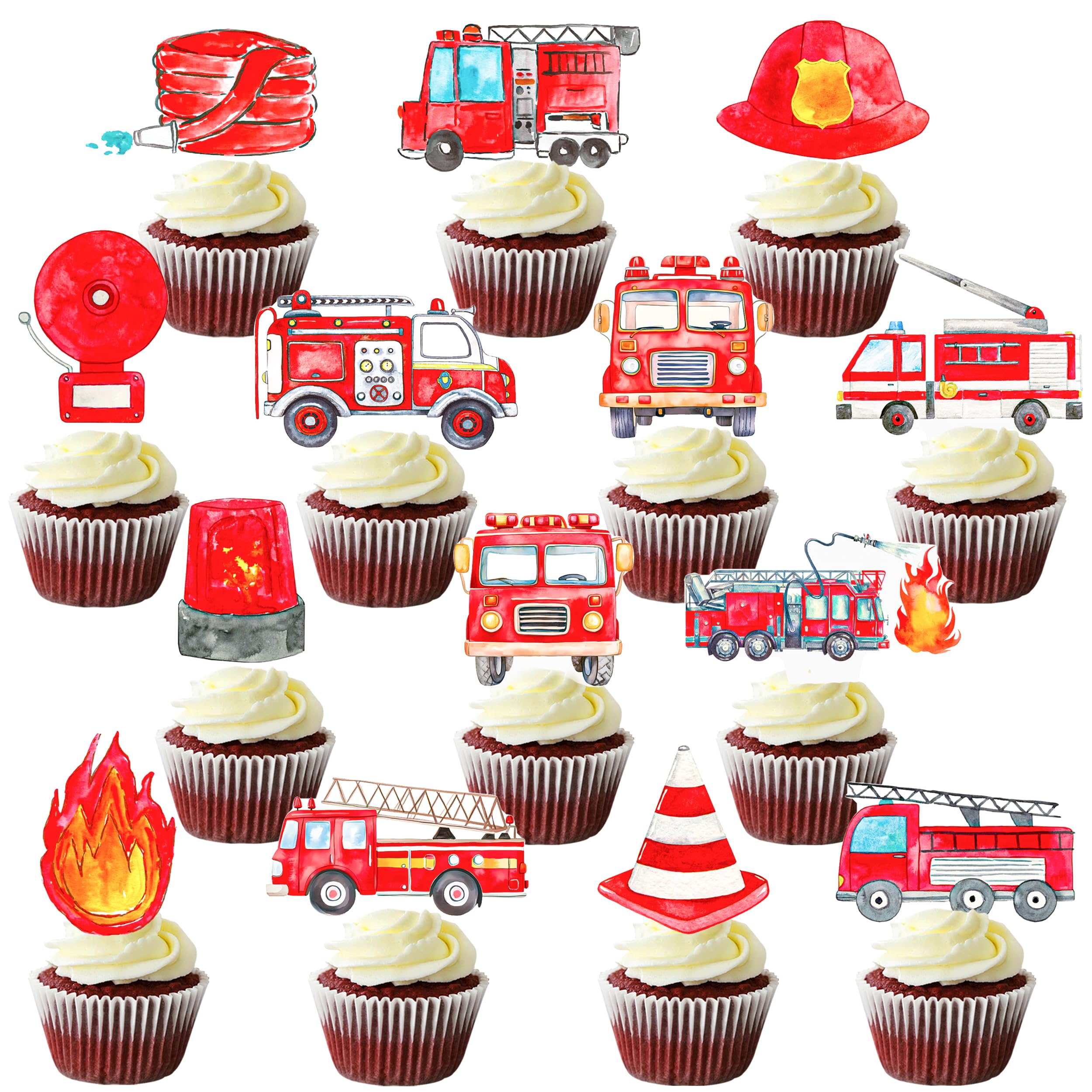 Photo 1 of 48Pcs Firefighter Theme Cupcake Toppers Fire Truck and Emergency Equipment Design Cupcake Toppers for Firetruck Firefighter Theme Birthday Party Fireman Baby Shower Supplies