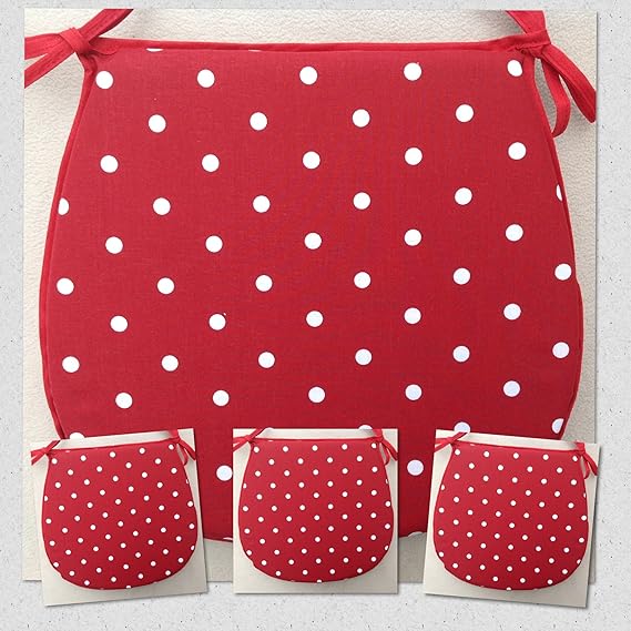 SET OF 4 RED POLKA DOT PATTERN TIE ON CHAIR SEAT PADS (For Seats Approx.14" Wide X 14" Deep
