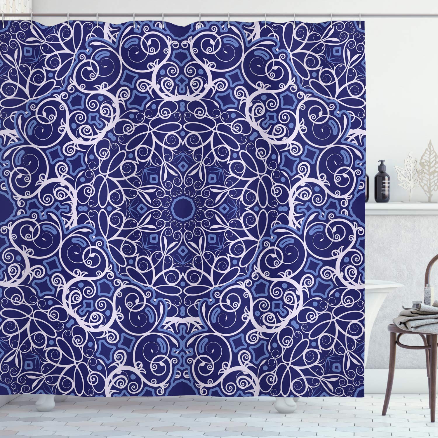 ABAKUHAUS Mandala Shower Curtain, Circular Pattern Floral and Modern Bohemian Swirling Artwork Print Art, Cloth Fabric Bathroom Decor Set with Hooks, 70 Inches, Purple White and Blue