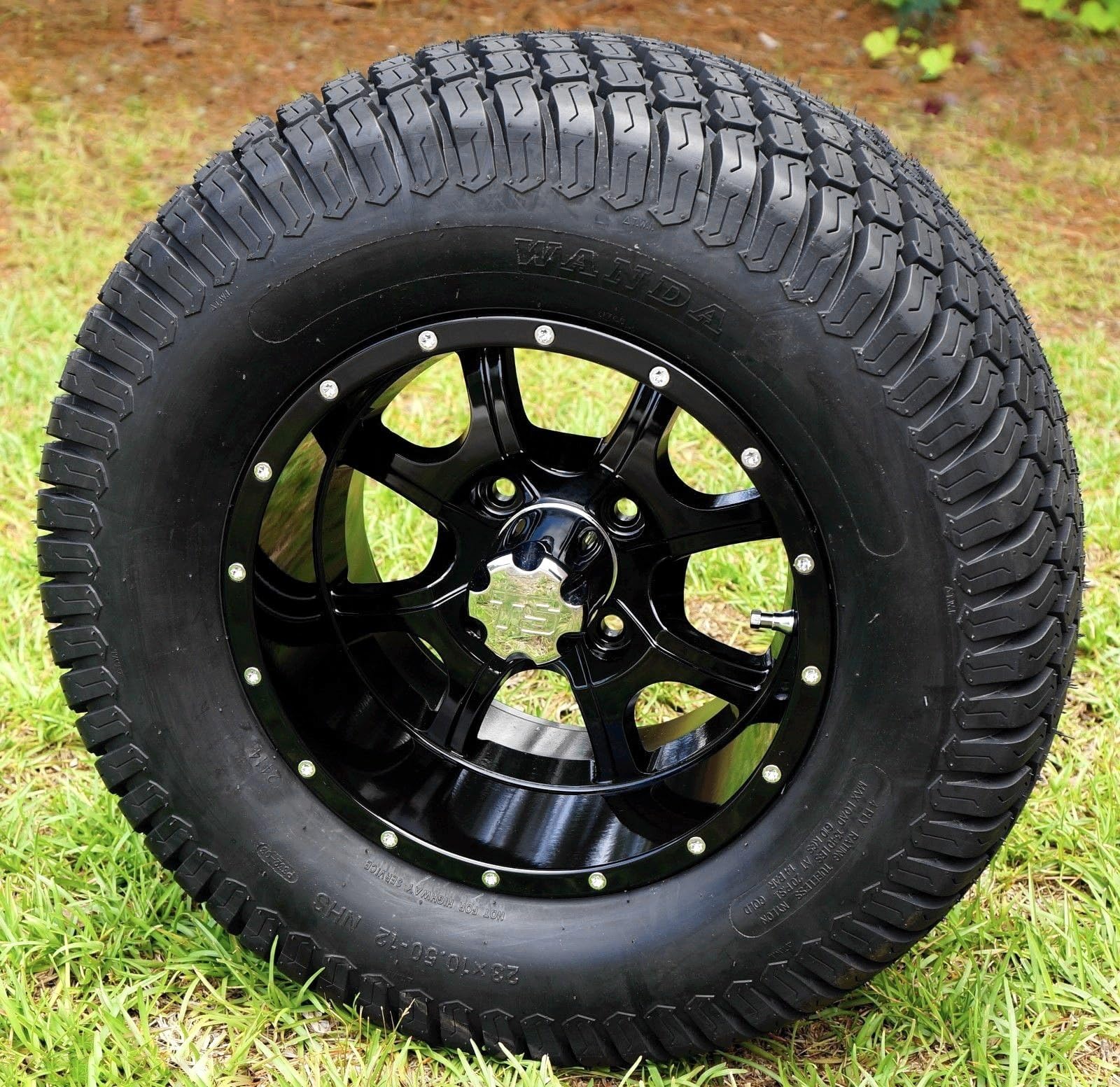 GOLF CART 12"x 7" BLACK NIGHT STALKER WHEELS & 23" STREET TURF TIRES- SET OF 4