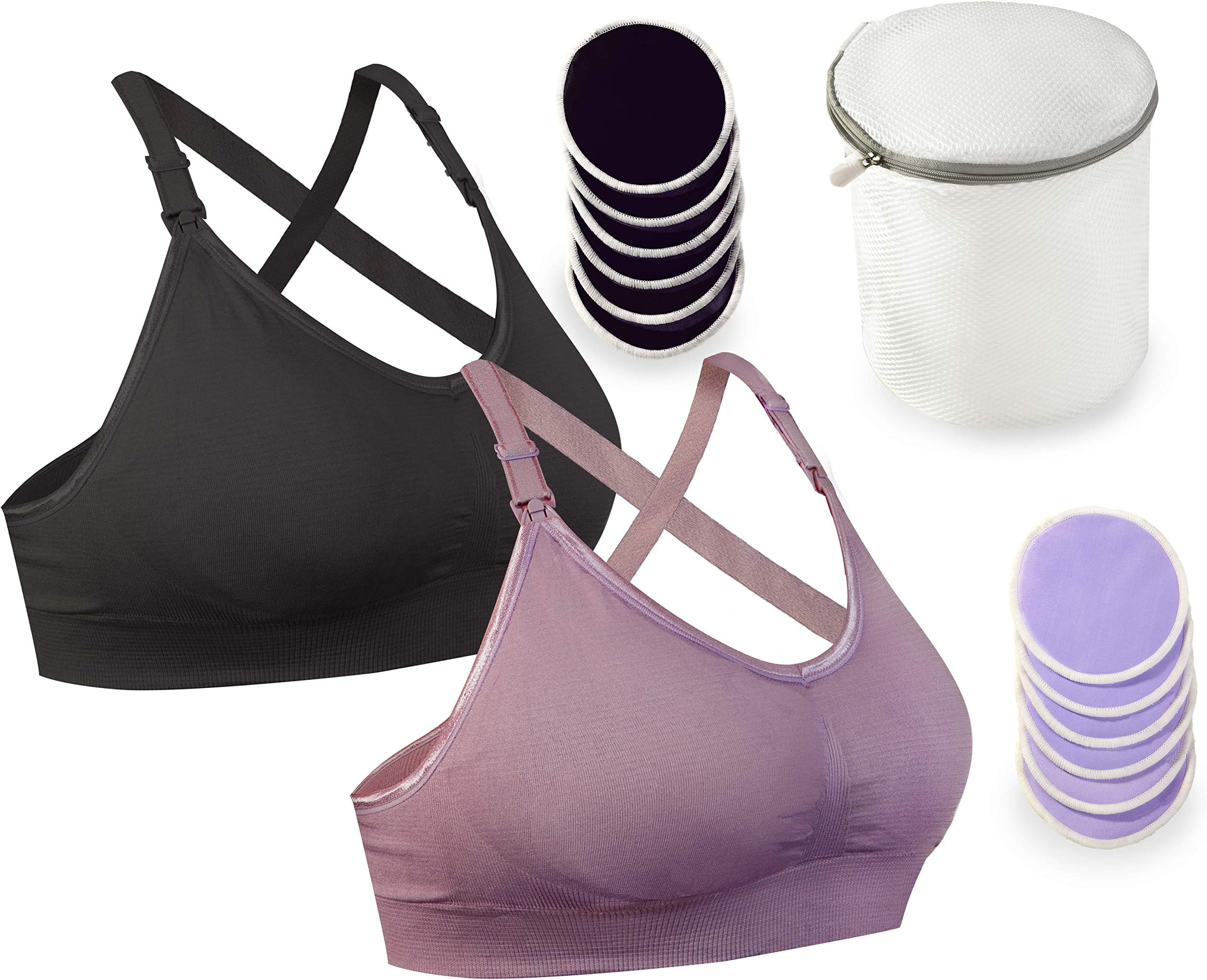 Premium Maternity Nursing Bras (2 Pack) - 12 Reusable Triple Layer Nursing Pads with Free Laundry Bag - Perfect for Breastfeeding, Sleep and Pregnancy - UK Company
