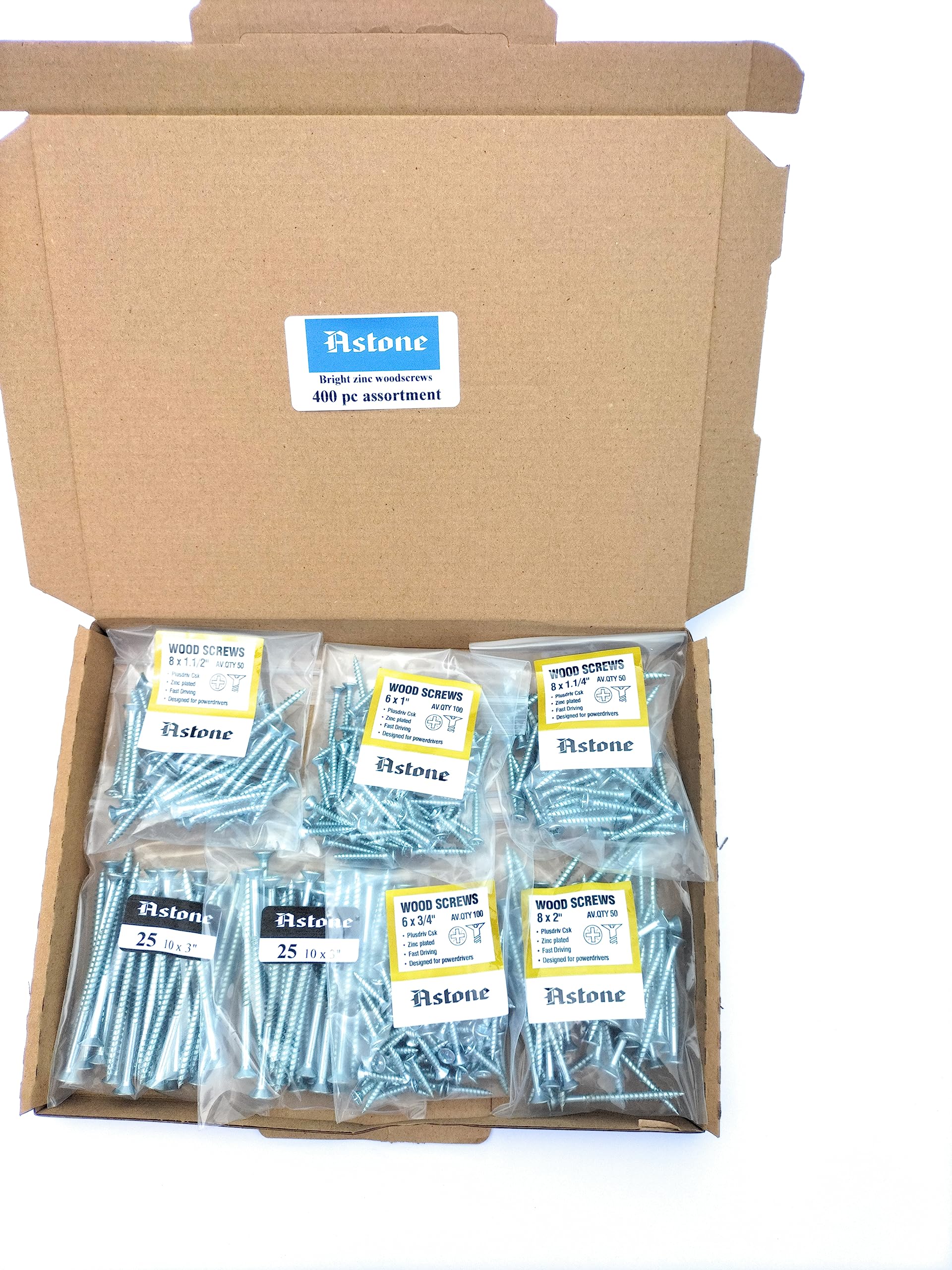 Astone wood screw assortments (400pc 10 x 3", 8 x 2",1.1/2", 1.1/4", 6 x 1", 3/4 inch)