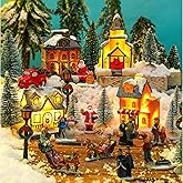 Wettarn 26 Pcs LED Christmas Villages Houses Sets Xmas Figurines Decoration Lighted LED Christmas Village Houses Building Collectible Home Decoration Xmas Gifts Indoor Room Decor