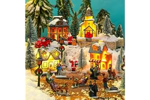 Wettarn 26 Pcs LED Christmas Villages Houses Sets Xmas Figurines Decoration Lighted LED Christmas Village Houses Building Collectible Home Decoration Xmas Gifts Indoor Room Decor