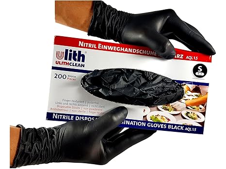 ULITH 200 Stück Schwarze Nitril Einweghandschuhe ungepudert Verschiedene Größen (L, schwarz)