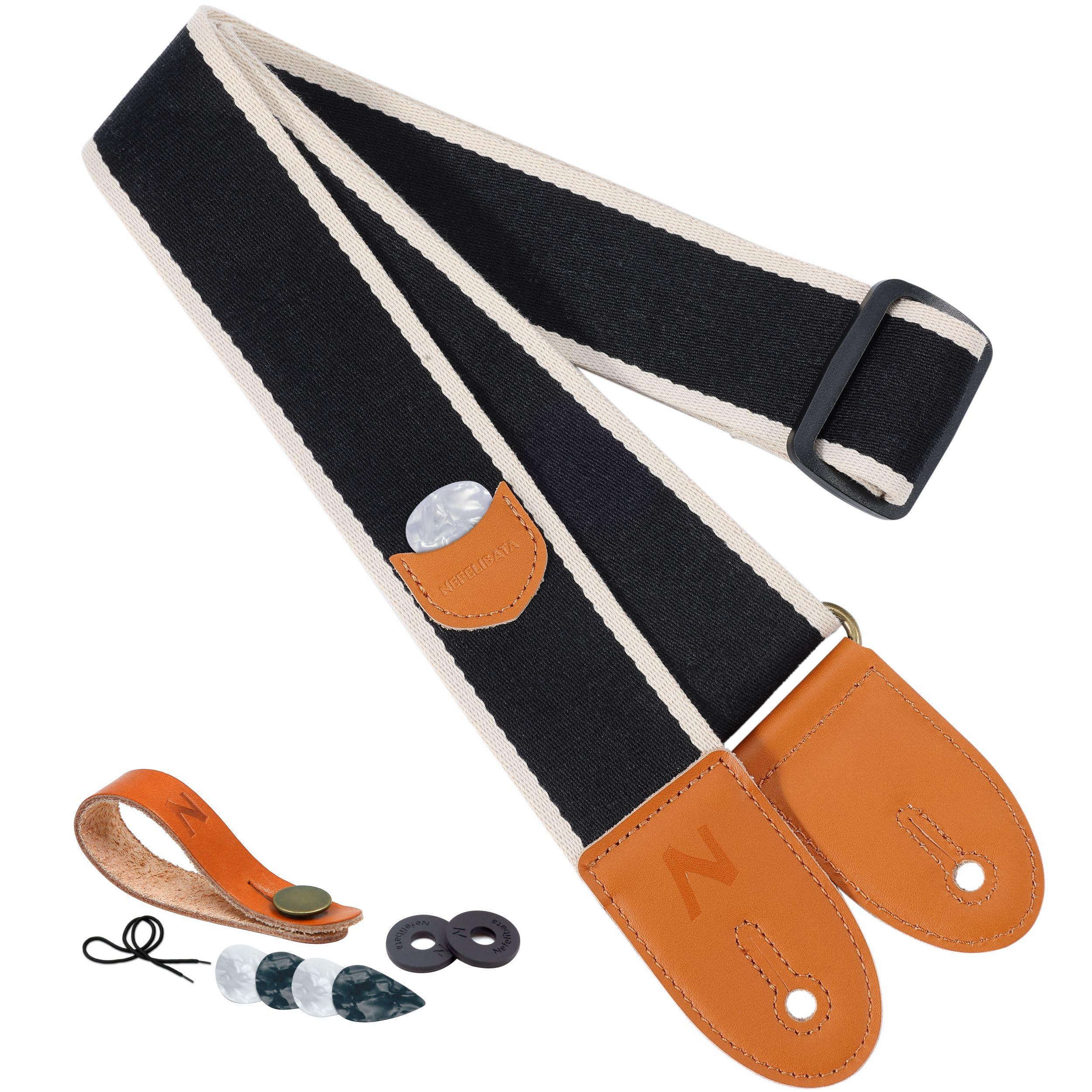 Nefelibata Guitar Strap, Cotton Full Grain Leather Ends Guitar Straps with Pick Pocket for Bass, Electric & Acoustic Guitar, Come with Strap Button, 1 Pair Strap Locks and 4 Guitar Picks