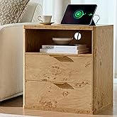 Awescuti Burl Finish Nightstand with Charging Station - Farmhouse Bedside Table with USB & 2 Outlets, Night Stand with Drawer and Large Open Shelf, Vintage Dresser for Bedroom, 2 Drawers
