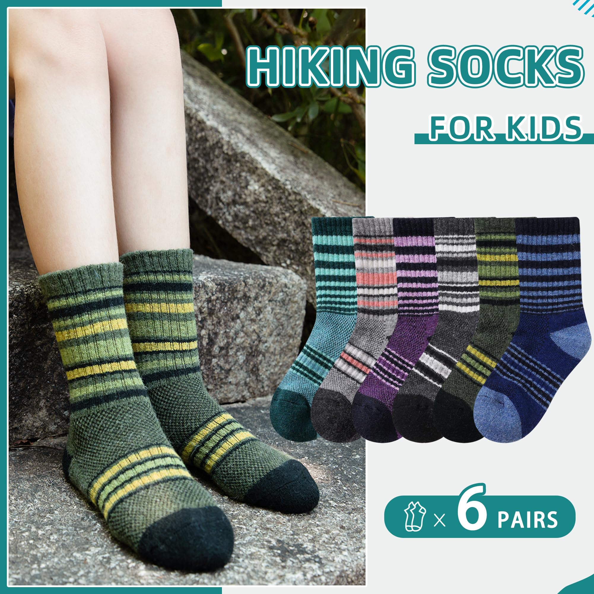 Kids Merino Wool Hiking Socks Toddlers Boys Girls Thermal Warm Winter Cushion Moisture Wicking Crew Boot Socks 6 Pairs