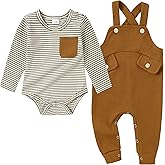 CARETOO Newborn Baby Boy Clothes Infant Boy Romper Fall Winter Outfits Bodysuit 2Pcs Striped Long Sleeve Top Overalls 0-18M