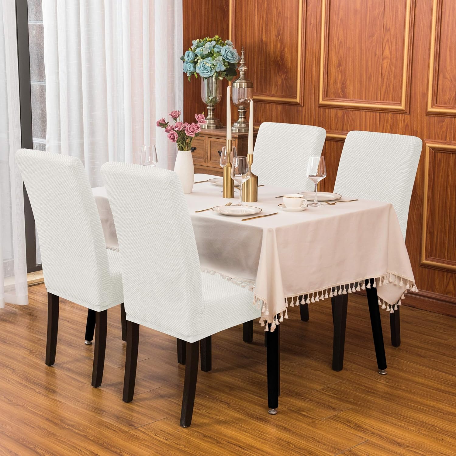 subrtex Dining Room Chair Slipcovers Jacquard Parsons Chair Covers Sets Stretch Chair Furniture Protector Covers Removable Washable Chair Seat Slipcovers for Restaurant Hotel Ceremony(4, Creme): Home & Kitchen