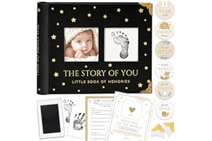 Book Keepsake, Baby Memory Book From Pre-Birth to 5th Year, with 2 Photo Pockets, Milestone Stickers, Hand/Footprint Inkpad, 