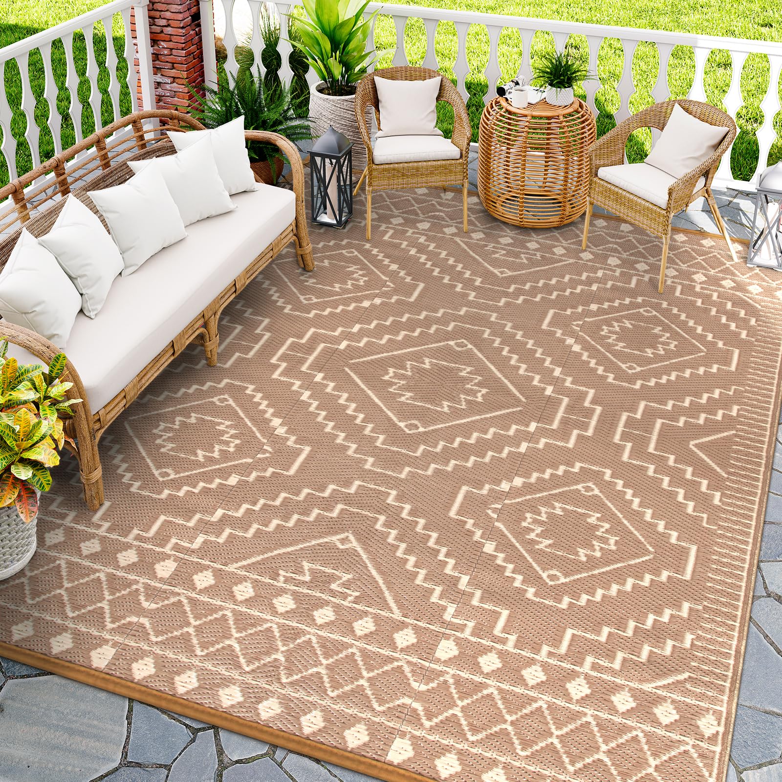 Photo 1 of Wonnitar Outdoor Rugs 9x12 Waterproof Plastic Straw Rug, Large Outdoor Camping Rug for RV, Reversible Portable Outside Lightweight Area Rug for Backyard Balcony Beach Picnic, Beige