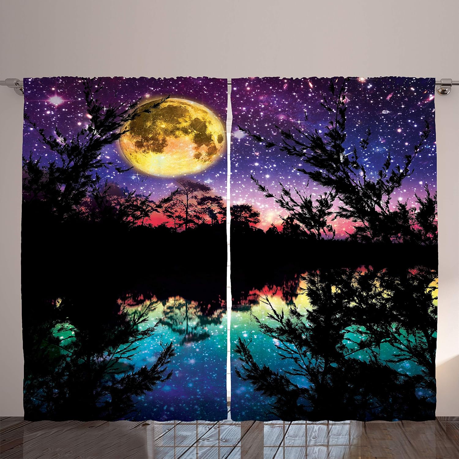 Ambesonne Purple Curtains, Lake Moonlight Stars in Night Sky with Trees Contemporary Modern Design, Living Room Bedroom Window Drapes 2 Panel Set, 108