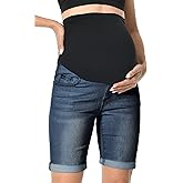 V VOCNI Maternity Denim Shorts Over The Belly Rolled Cuff Midrise Bermuda Short Pregnancy Jean Shorts