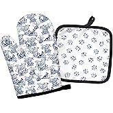BRRNYOI Chinoiserie German Shepherd Dog Oven Mitts and Pot Holders Sets, German Shepherd Gifts for Women Men, Blue and White Vintage Toile Dog Heat Resistant Oven Gloves Hot Pads for Kitchen Decor