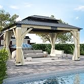 13'x15' Wood Gazebo, Outdoor Solid Wooden Gazebo with Double Roof Galvanized Steel Top, Hardtop Cedar Frame with Curtain &amp; Netting for Garden, Patio, Deck, Backyard