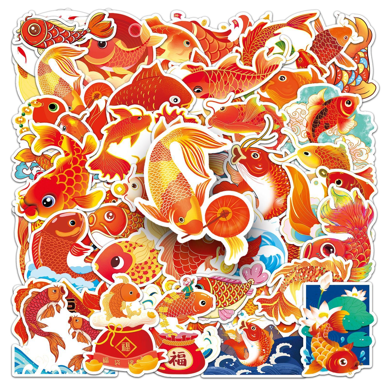 Koi Stickers 50Pcs Cartoon Cute Fish Sticker for Water Bottle Laptop Luggage Hydro Flask Phone Skateboard Computer Car Bike,Vinyl Waterproof Sticker for Kids Adults Girls