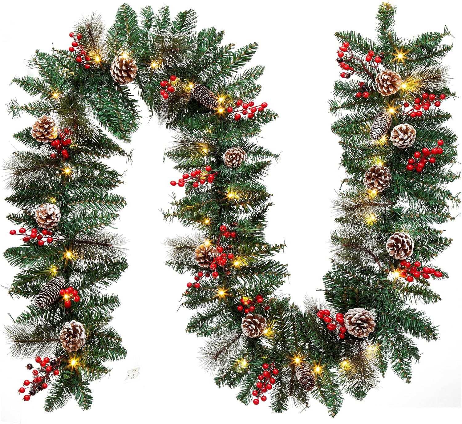 Wreaths, Garlands & Swags - JGIRL-9-foot Christmas Garland with Lights, Battery Powered 8 Lighting Modes, 50 LED Luminous Christmas Decorations, White Pine Cone, red Berry, White Pine Needle