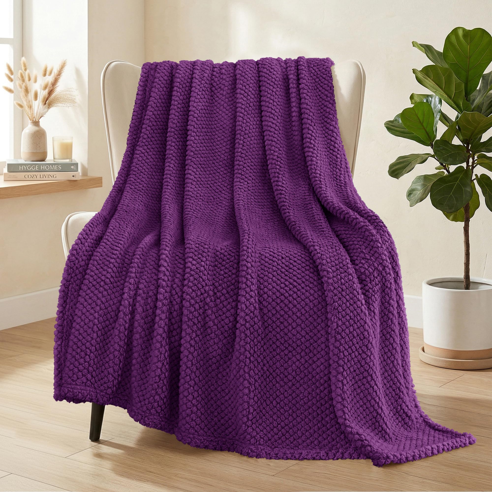 Whale Flotilla Large Fuzzy Fleece Throw Blanket for Sofa, 130x180 CM Fluffy Warm Soft Jacquard Blankets for All Season, Lightweight and Cozy, Purple