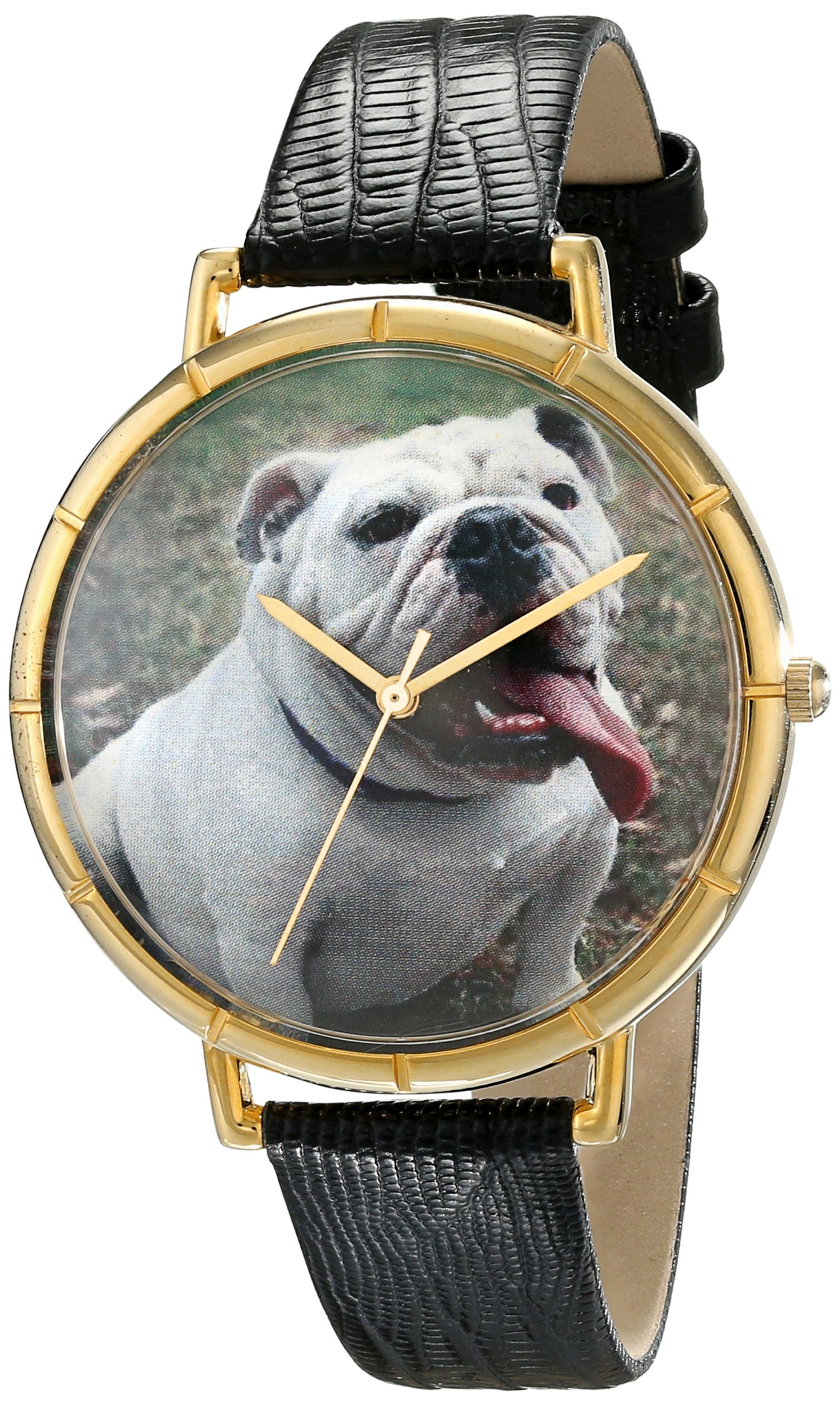 Whimsical Watches Bulldog Black Leather and Goldtone Photo Unisex Quartz Watch with White Dial Analogue Display and Multicolour Leather Strap N-0130018