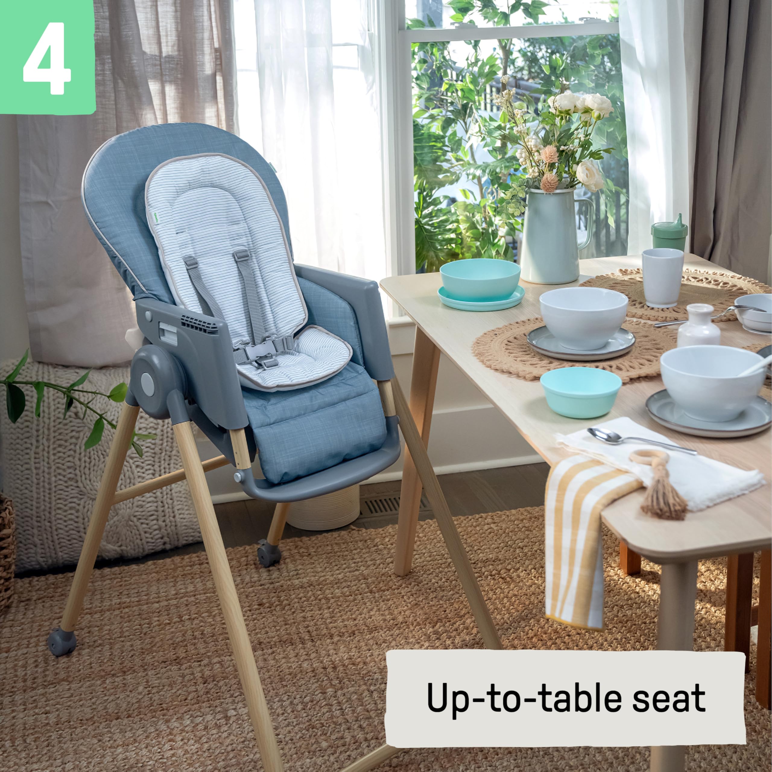 Ingenuity Proper Positioner Deluxe High Chair - 7-in-1 Convertible Baby Seat, Faux Wood Print Legs, Unisex, for Ages 0-36 Months