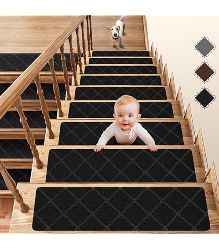 Tapis Antidérapants Pour Escalier Bois, 15 Pièces 8x30 Pouces, Gris, Motif Floral