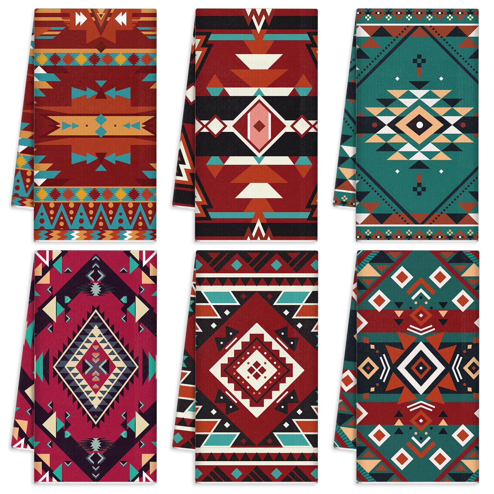 Redbaker 6 Pcs Southwestern Kitchen Towels Boho Aztec Theme Dish Towel Native American Hand Towels Decorative Tea Towels for Absorbent Kitchen Decor with Hanging Loop for Room Home Housewarming Gift