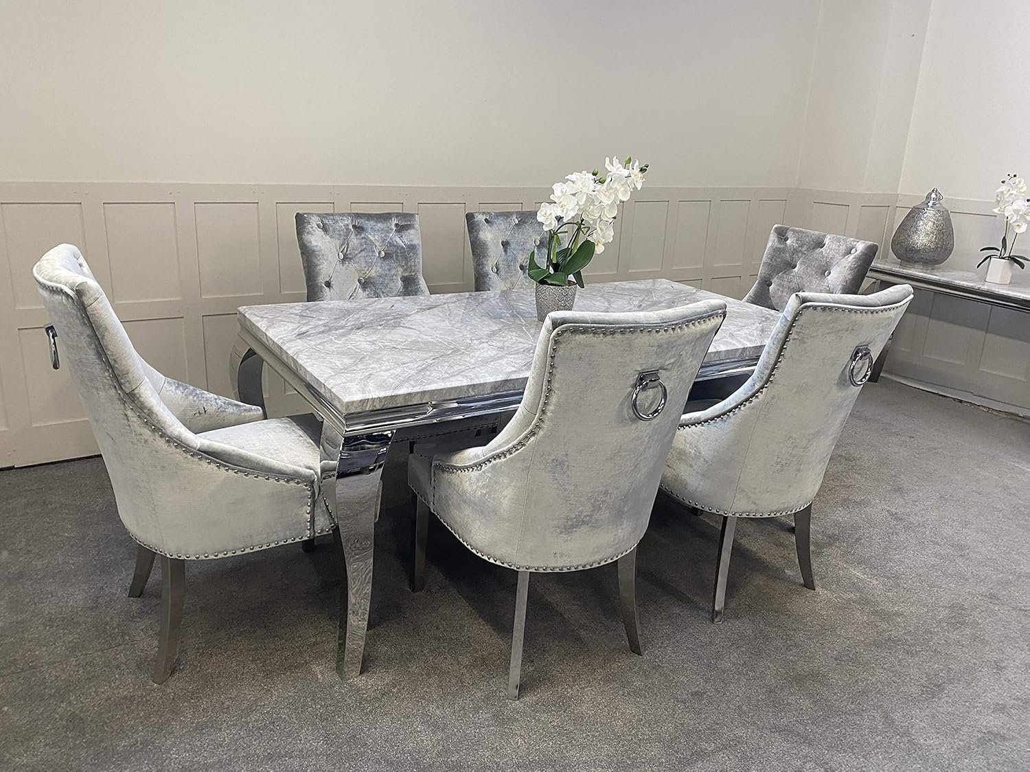 Schwarze Furniture Imperial Grey Marble Mirrored Dining Table And 6 Chairs Set Amazon Co Uk Kitchen Home