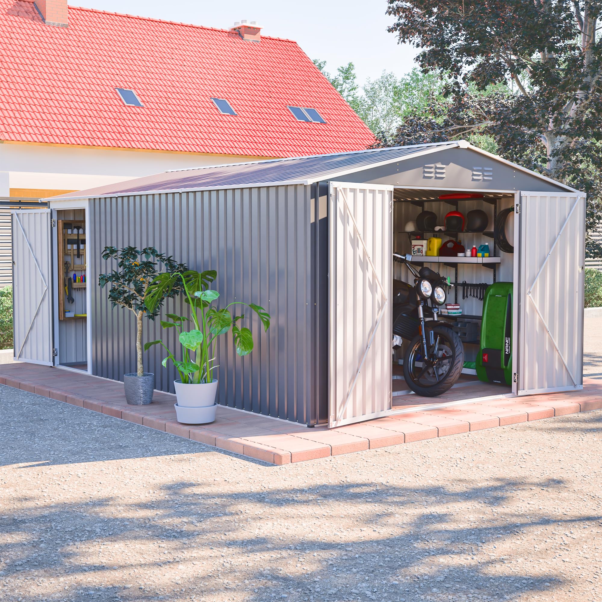Photo 1 of *PARTIAL SET*
YOPTO 14x10 FT Outdoor Storage Shed,Metal Shed W/ 3 Lockable Doors?Floor Frame & Side Door,Garden Tool House W/ 4 Air Vents & Sloped Roof,for Backyard Patio Lawn,Light Gray